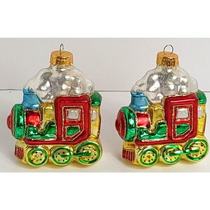 2 Vintage Handcrafted Glass Train Locomotive Engine Train Ornaments